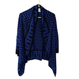 Allison‎ Brittney Cardigan XL Blue Black Geometric Open Front Knit Sweater